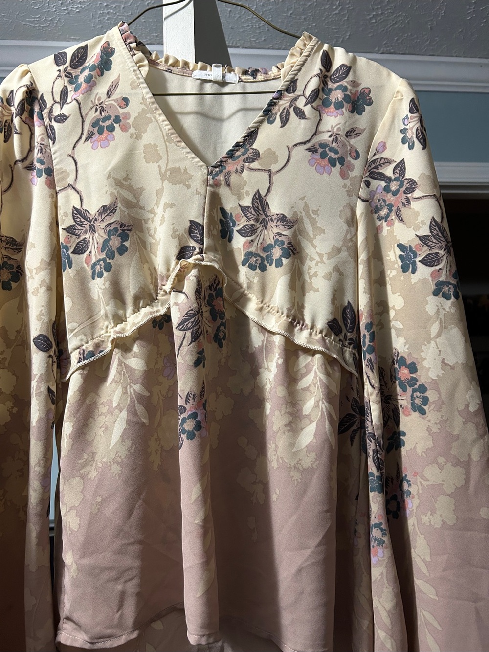 Maurices Cream and Blush Floral V-Neck Long Sleeve Blouse